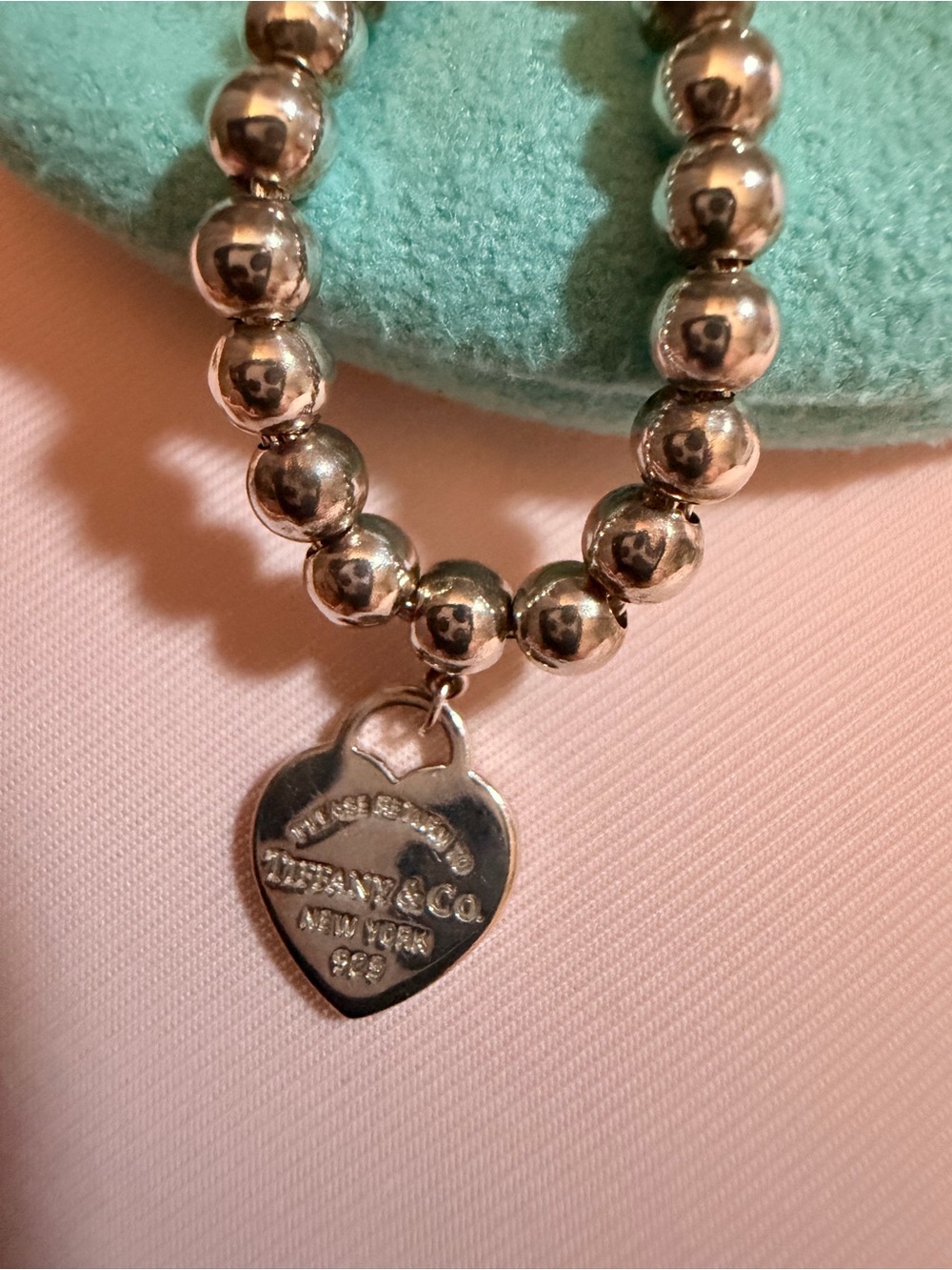 Tiffany & Co. Sterling Silver Bead Necklace with Heart Tag